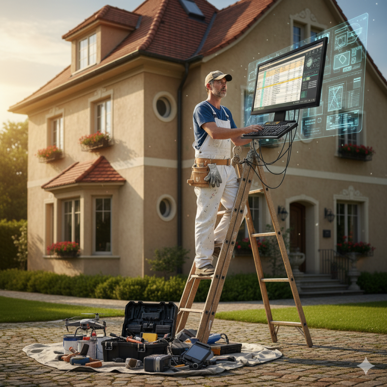 Bouwvakker op ladder met digitale interface en bedrijfssoftware voor projectmanagement