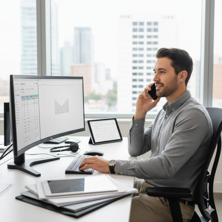 Professionele man aan bureau met computer, tablet en telefoon in modern kantoor met stadsuitzicht